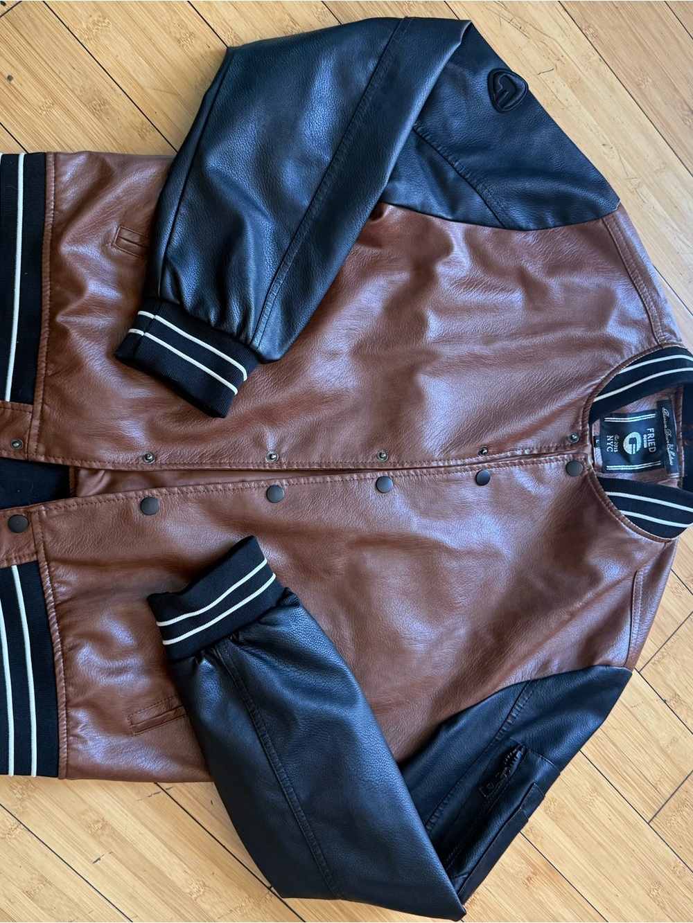Two-Tone Brown and Black Leather Varsity Jacket